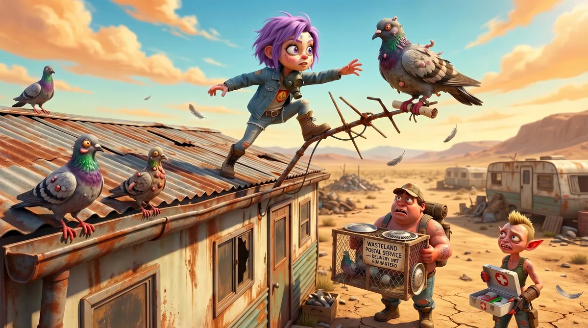 Two Fuglys characters sitting in the dust at The Pits trailer park