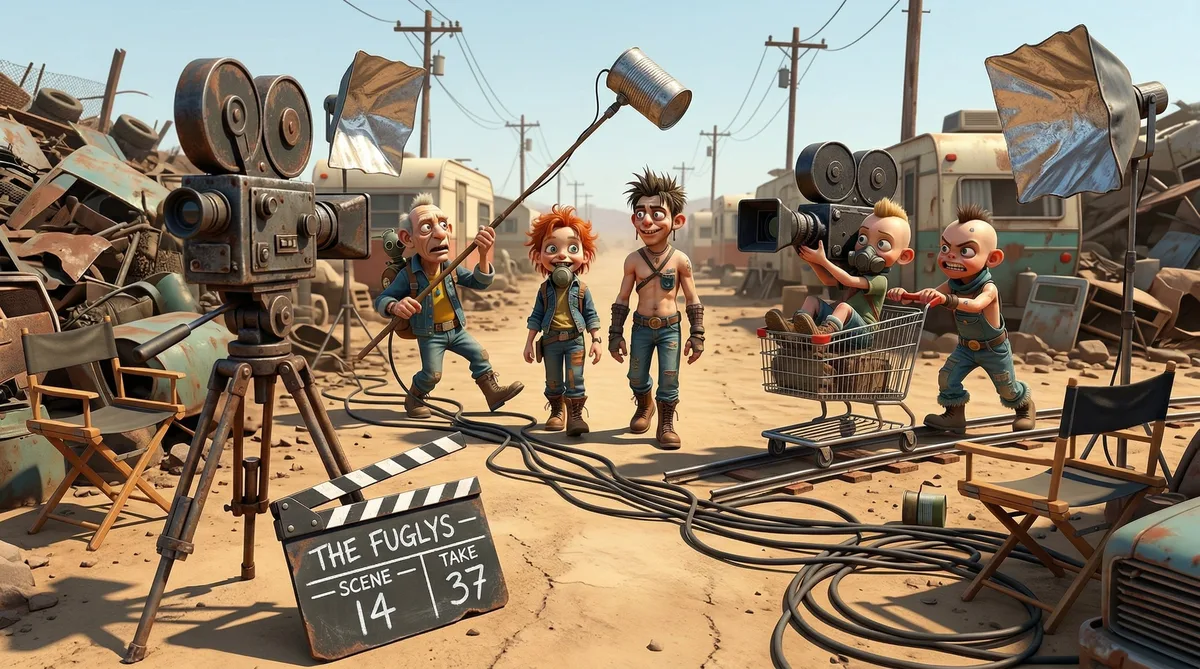 Behind the cameras at The Pits — the Fuglys crew filming a scene in the wasteland