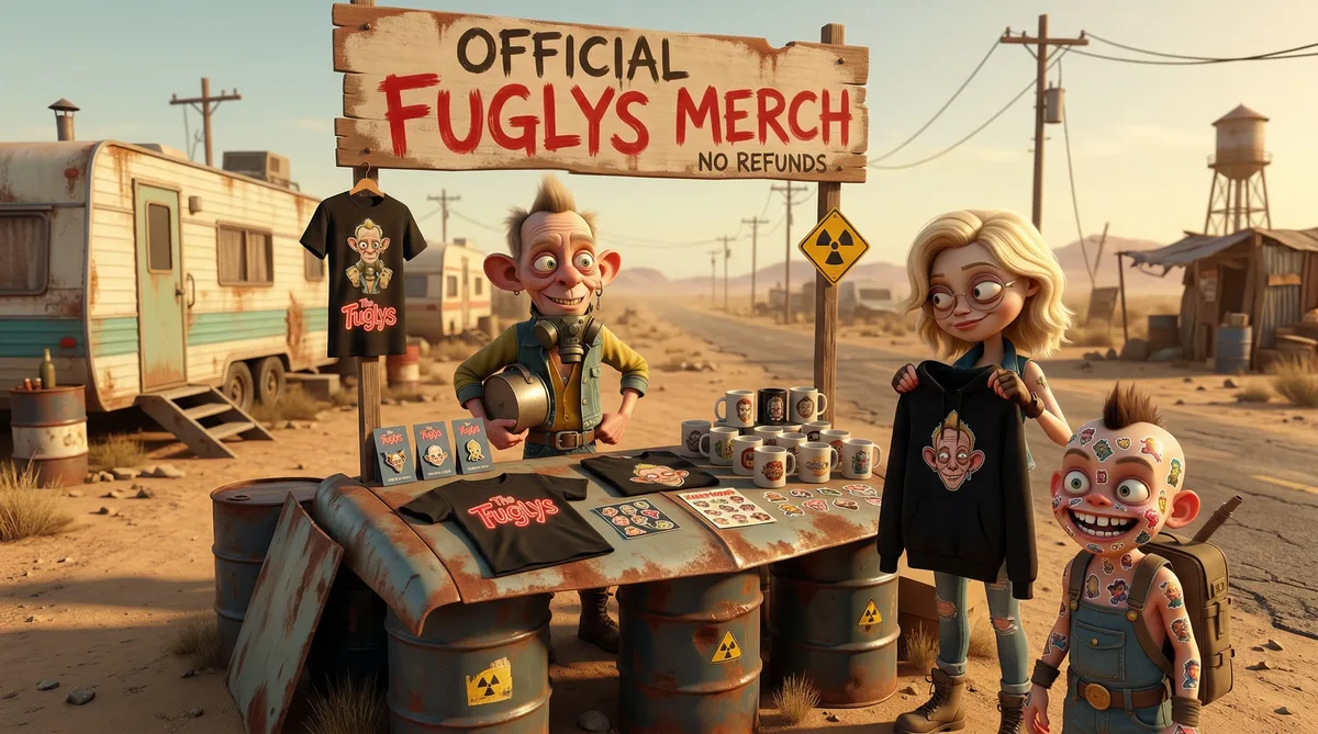 The Fuglys wasteland market stall - official merch on display with characters browsing t-shirts, stickers and mugs