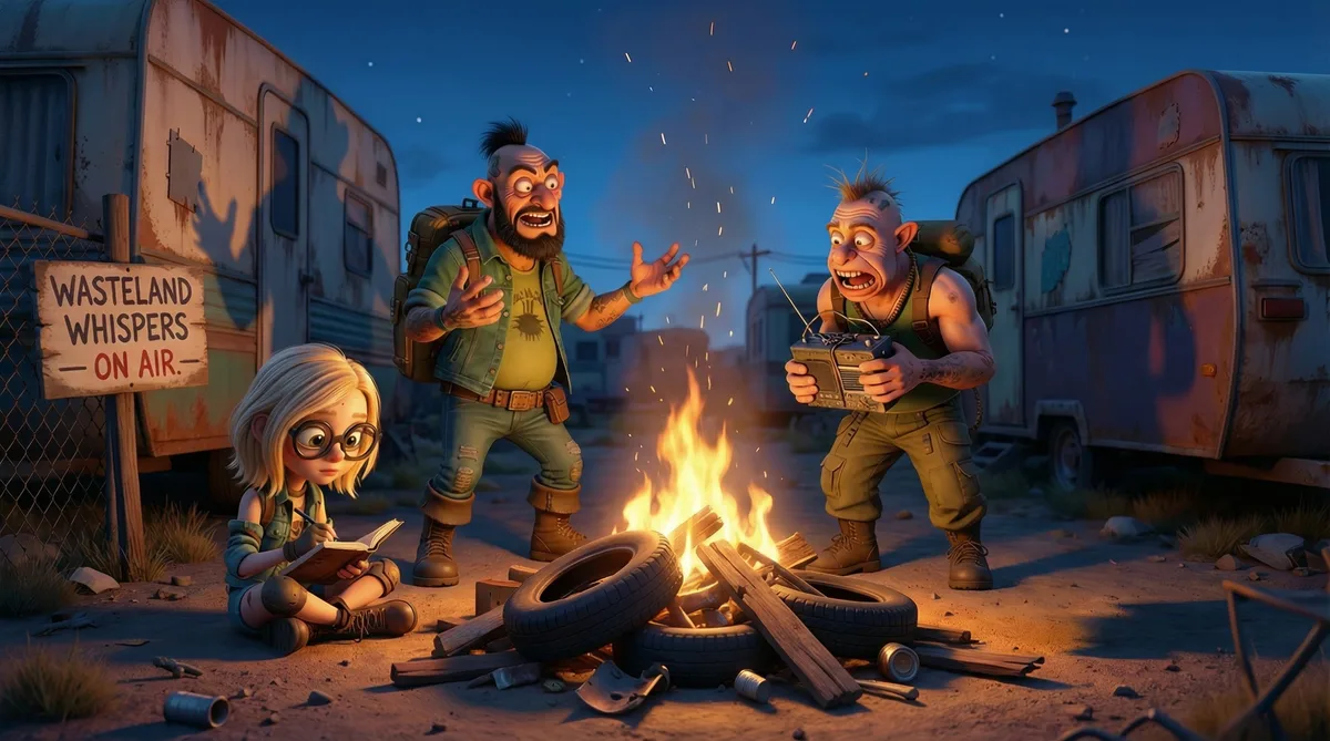 Two Fuglys characters chatting in a wasteland workshop